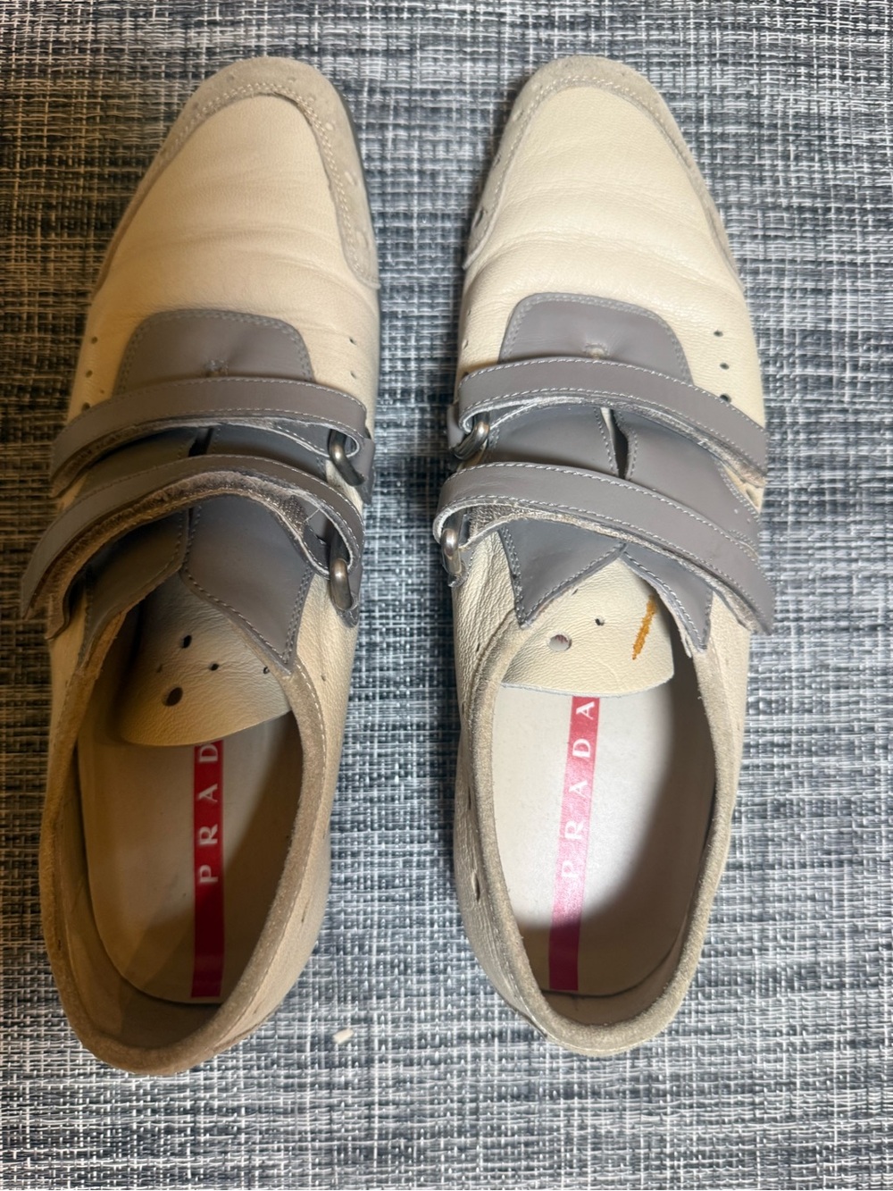 Prada Women’s Cream and Gray Leather Double-Strap Sneakers